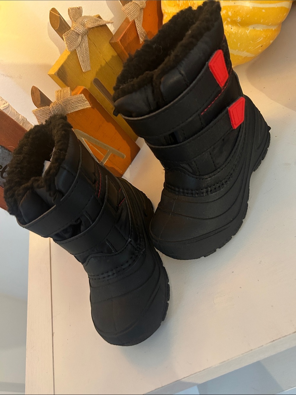 Kids Black Winter Boots with Red Accents - Cozy Fleece Lining